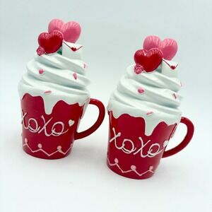 Set of 2 Valentine's Day Hot Cocoa Mugs XOXO Hearts Whipped Cream